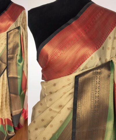Beige Kora Silk Saree with Gold Zari Weaves