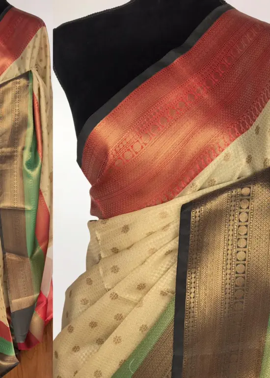 Beige Kora Silk Saree with Gold Zari Weaves