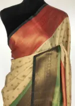 Beige Kora Silk Saree with Gold Zari Weaves - Image 4