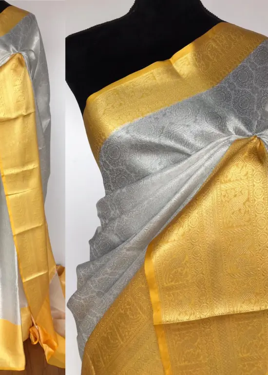 Silver White Kora Silk Saree with Silver Zari Weaves