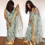 Baby Blue Pure Organza Silk Saree with Gold Zari Weaves - Image 3