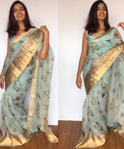 Baby Blue Pure Organza Saree with Gold Zari Weaves
