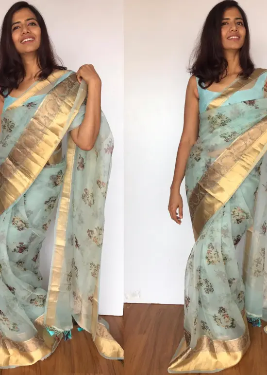 Baby Blue Pure Organza Saree with Gold Zari Weaves