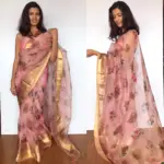 Dusty Pink Pure Organza Silk Saree with Gold Zari Weaves - Image 3