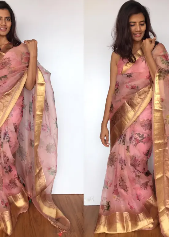 Dusty Pink Organza Saree with Gold Zari Weaves
