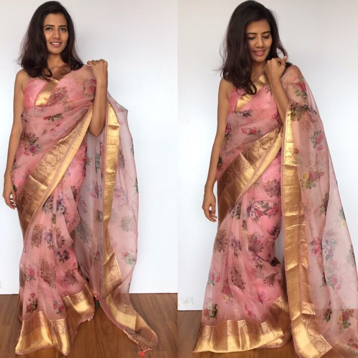 Dusty Pink Organza Saree with Gold Zari Weaves