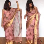 Dusty Pink Pure Organza Silk Saree with Gold Zari Weaves - Image 2