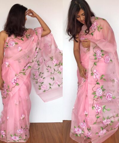 Baby Pink Hand Painted Organza Silk Saree