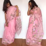 Baby Pink Hand Painted Organza Silk Saree - Image 2