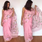 Baby Pink Hand Painted Organza Silk Saree - Image 6