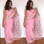 Baby Pink Hand Painted Organza Silk Saree - Image 3
