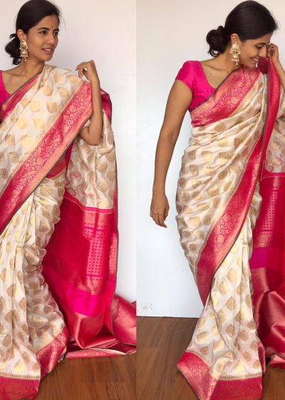 Offwhite Banarasi Silk Saree with Beautiful Gold Zari Woven Buttas