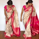Offwhite Banarasi Silk Saree with Beautiful Gold Zari Woven Buttas - Image 4