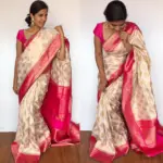 Offwhite Banarasi Silk Saree with Beautiful Gold Zari Woven Buttas - Image 5
