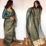 Amber Green Organza Silk Saree with Resham Gold Zari Weaves - Image 5