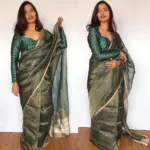 Amber Green Organza Silk Saree with Resham Gold Zari Weaves - Image 2