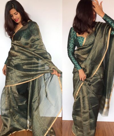 Amber Green Organza Silk Saree with Resham Gold Zari Weaves