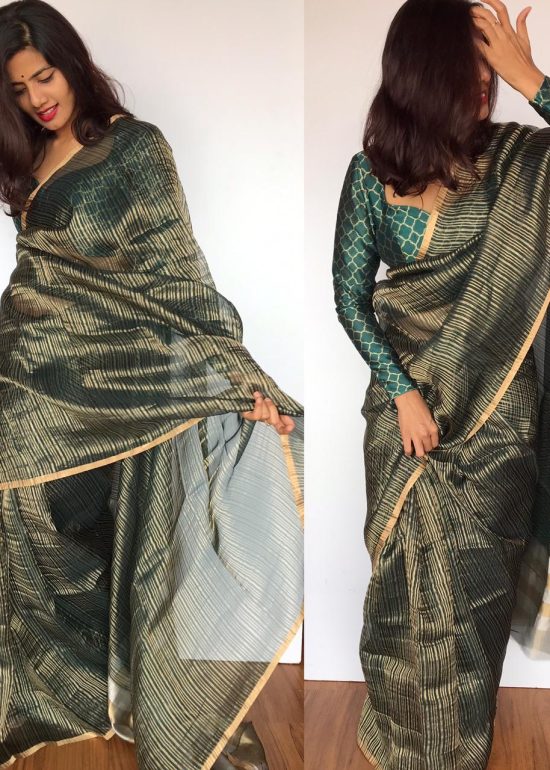 Amber Green Organza Silk Saree with Resham Gold Zari Weaves