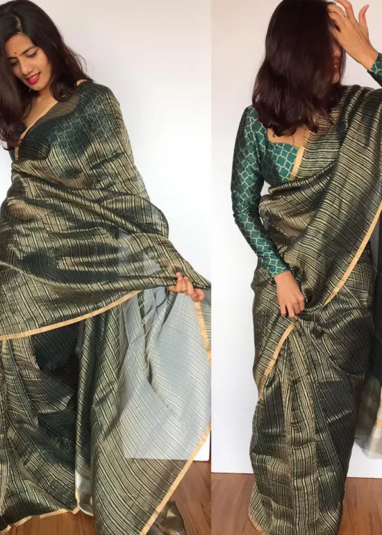Amber Green Organza Silk Saree with Resham Gold Zari Weaves