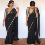 Black Plain Georgette Saree with Designer Border - Image 2