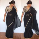 Black Plain Georgette Saree with Designer Border - Image 3