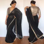 Black Plain Georgette Saree with Designer Border - Image 4