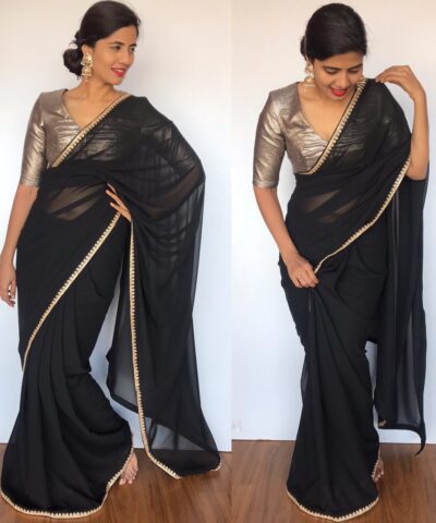 Black Plain Georgette Saree with Designer Border