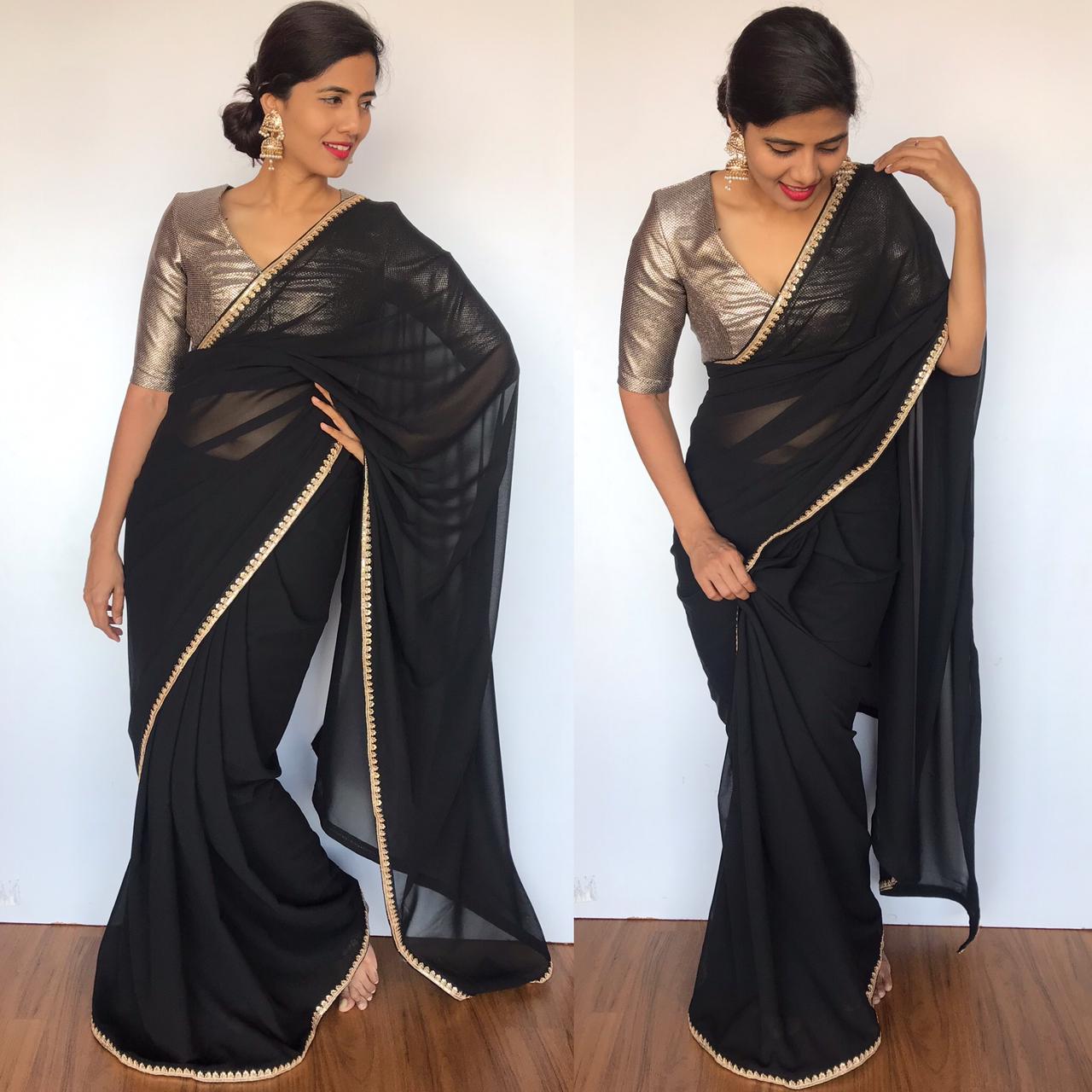 Black Plain Georgette Saree with Designer Border - Mirra Clothing