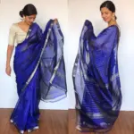 Royal Blue Mangalagiri Silk Saree with Silver Zari Checks - Image 2