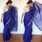 Royal Blue Mangalagiri Silk Saree with Silver Zari Checks - Image 3