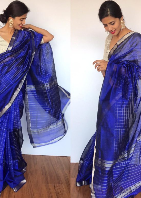 Royal Blue Mangalagiri Silk Saree with Silver Zari Checks