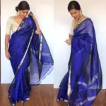 Royal Blue Mangalagiri Silk Saree with Silver Zari Checks - Image 4