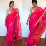 Rani Pink Mangalagiri Silk Saree with Silver Zari Checks - Image 2