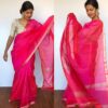 Rani Pink Mangalagiri Silk Saree with Silver Zari Checks