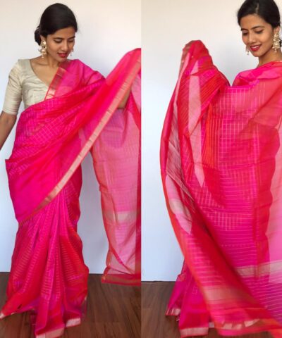 Rani Pink Mangalagiri Silk Saree with Silver Zari Checks