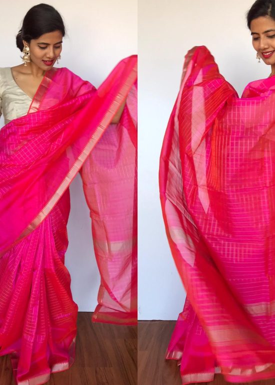 Rani Pink Mangalagiri Silk Saree with Silver Zari Checks