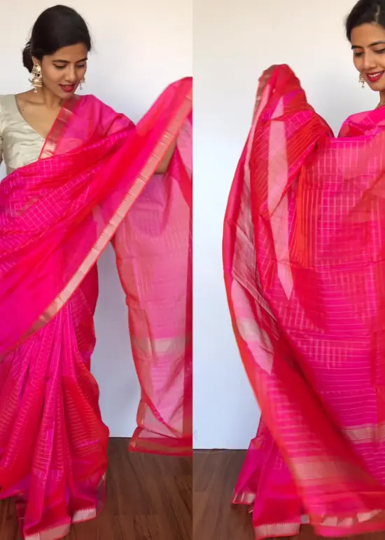 Rani Pink Mangalagiri Silk Saree with Silver Zari Checks