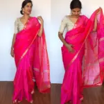 Rani Pink Mangalagiri Silk Saree with Silver Zari Checks - Image 4
