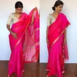 Rani Pink Mangalagiri Silk Saree with Silver Zari Checks - Image 3