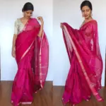 Dark Pink Mangalagiri Silk Saree with Silver Zari Checks - Image 3