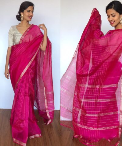 Dark Pink Mangalagiri Silk Saree with Silver Zari Checks