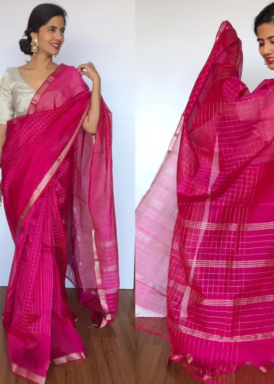 Dark Pink Mangalagiri Silk Saree with Silver Zari Checks