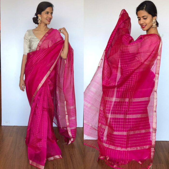 Dark Pink Mangalagiri Silk Saree with Silver Zari Checks