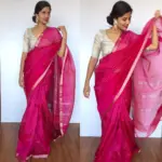 Dark Pink Mangalagiri Silk Saree with Silver Zari Checks - Image 4