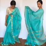 Baby Blue Mangalagiri Silk Saree with Gold Zari Checks - Image 2