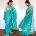 Baby Blue Mangalagiri Silk Saree with Gold Zari Checks - Image 4