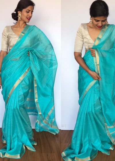 Baby Blue Mangalagiri Silk Saree with Silver Zari Checks