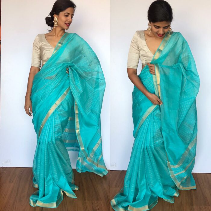 Baby Blue Mangalagiri Silk Saree with Silver Zari Checks