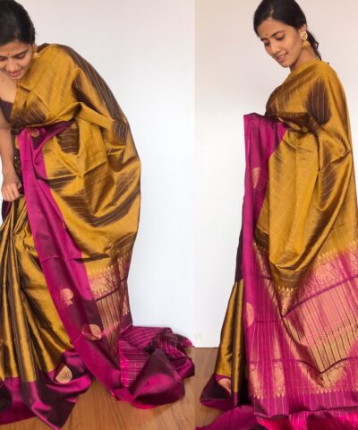 Mustard Kanjivaram Silk Saree with Handwoven Gold Zari Checks