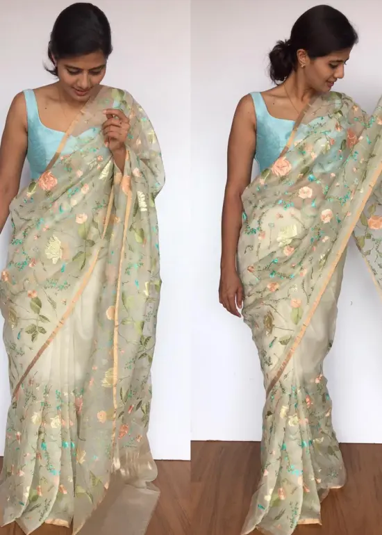 Offwhite Pure Organza Saree with Beautiful Floral Embroidery